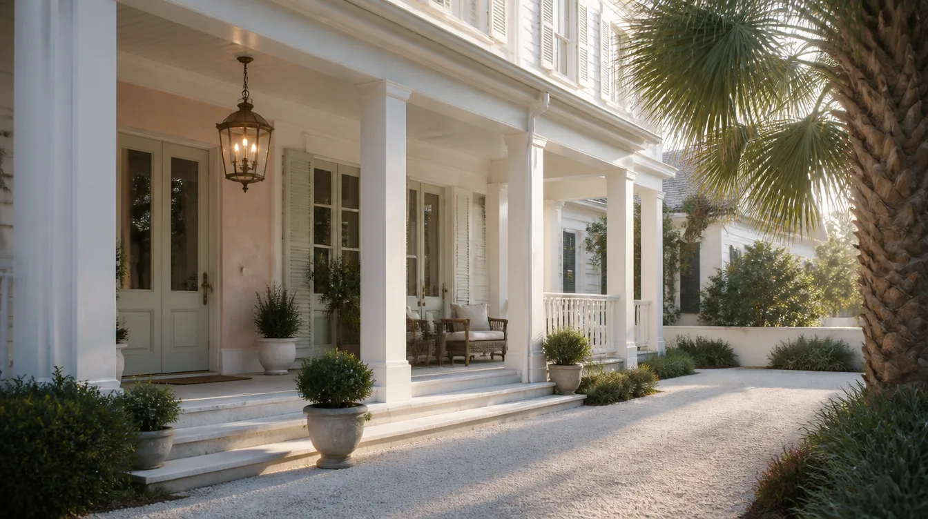 AI-generated concept of a pale coastal home with a shaded porch, brass lantern, and shell path.