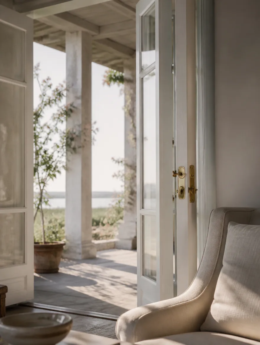 AI-generated interior with open French doors, a linen chair, and a sunlit veranda.